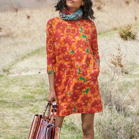 Peruvian Connection Floral Fresco Tunic Dress Pockets - Picture 1 of 8